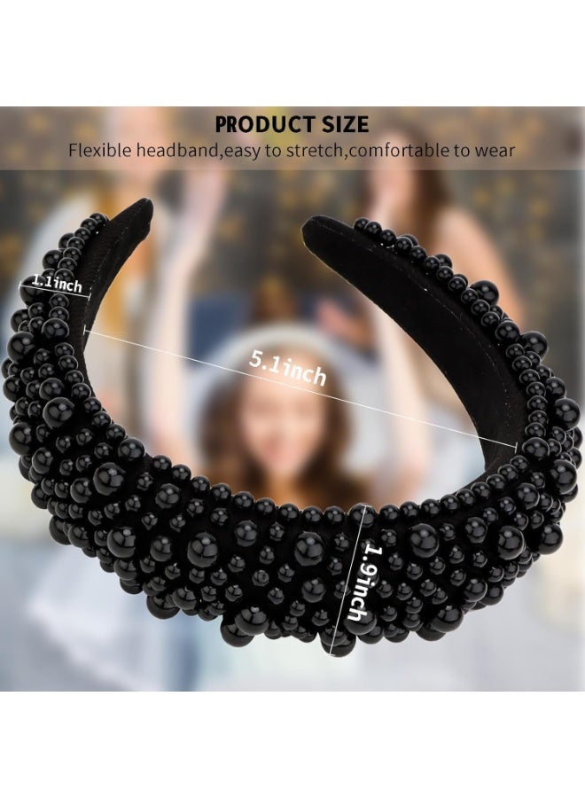 ChicAbode عصابة رأس اللؤلؤة - عصابة رأس واسعة عصابة رأس اللؤلؤة ، إكسسوارات شعر اللؤلؤة العراسية ، عصابات رأس الموضة النسائية ، عصابات رأس اللؤلؤة ، عصابة رأس منفخة لطيفة مع لؤلؤة زائفة لعيد ميلاد (أسود) - Image 2